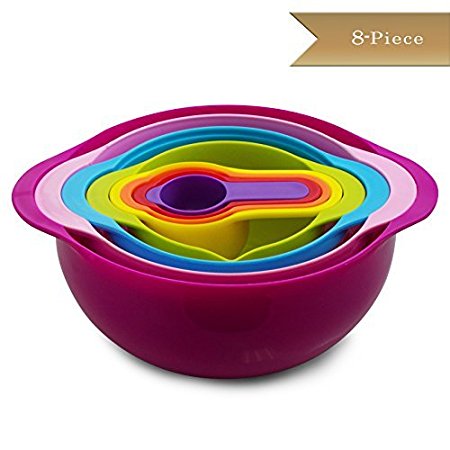 TrueCraftware 8 Piece Nesting Mixing Bowl Set - Non Slip Bowls - Bowl, Colander, Sifter, Bowl with Spout and 4 Measuring Cups - Rainbow Mixing Bowl Set - Colorful Mixing Bowl and Measuring Cup Set