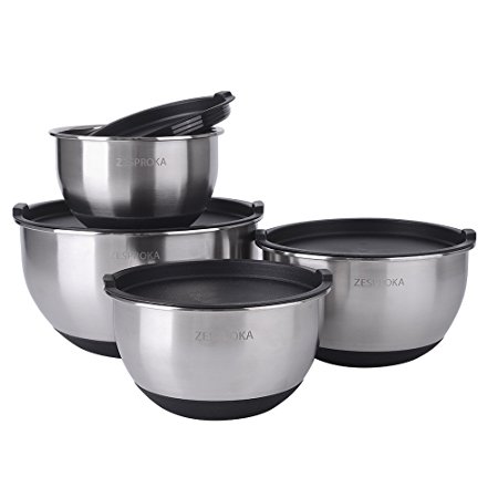 ZESPROKA Stainless Steel Mixing Bowls with Lids, Measurement Lines & Non-Slip Silicon Bottoms, Nesting Bowls for Space Saving, Set of 4
