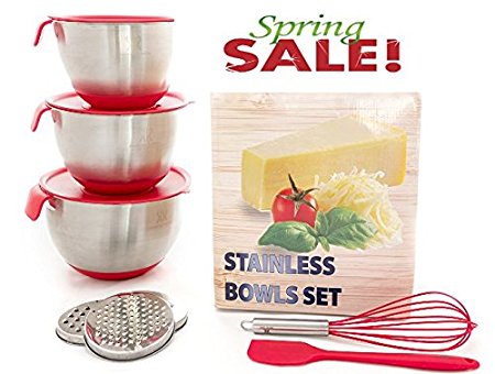 LUXURY SET for Smart Chefs,3 Premium Thick Grade STAINLESS STEEL MIXING BOWLS With Airtight Lids For Healthy Meal,Non-Slip Surface,3 Assorted Grater Attachments,Stackable For Minimal Storage&Gift Pack