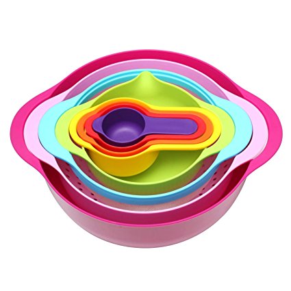 Edofiy 8 in 1 Rainbow Stackable Storage Mixing Bowl Set With Measuring Spoon Cup Set For Cooking Baking
