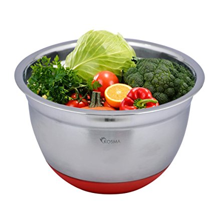 Kosma Stainless Steel Deep Salad Bowl | Mixing Bowl with Red Colour Non-Slip Silicone Base - 26cm (5 Litres)