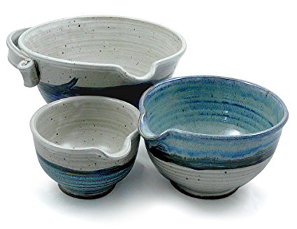 American Made Stoneware Pottery Batter Bowls, 3-Piece Nesting Set, French Blue Glaze