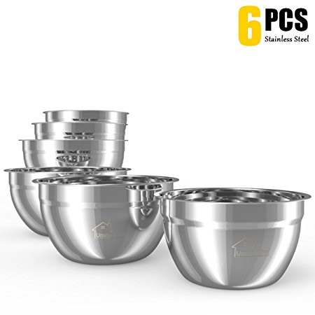 Mixing Bowls Stainless Steel, Thickened Premium Nesting Bowls by Umite Chef, Matte and Mirror Finish, For Healthy Meal, Nesting and Stack able, Set of 6 Sizes 1.59, 2.11, 2.85, 3.59, 4.65, 5.50 QT