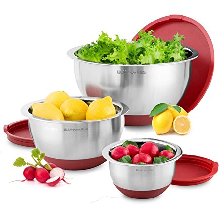Stainless Steel Mixing Bowls with Lids & Non-Skid Rubber Grip Bottoms Set of 3. By: Blümwares