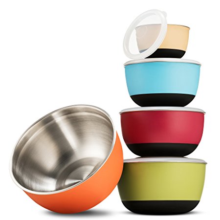 Multicolor Stainless Steel Mixing Bowls - Premium 5 Piece Set With Sealed lids, Nesting Storage Bowls, Plastic Exterior, Non-Skid Bottom for Easy Mixing and Prepping, Includes ¾, 1 ½, 2 ⅖, 3, and 5 Qt