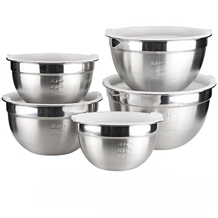 Stainless Steel Mixing Bowls Set of 5,with Plastic Lids-JUNING