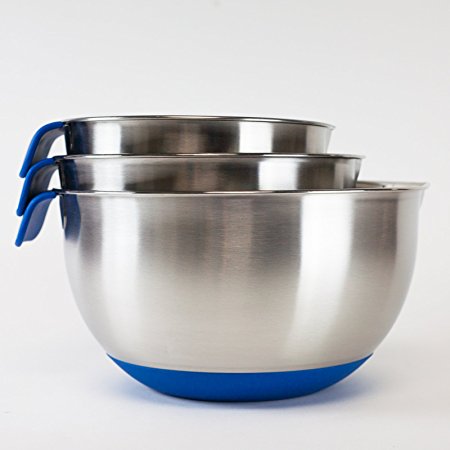 HUJI 3 Piece Stainless Steel Mixing Bowls set with Pouring Spouts & Non-Slip Silicon Base and Handles For Baking Mixing Kitchen Tools (Blue)