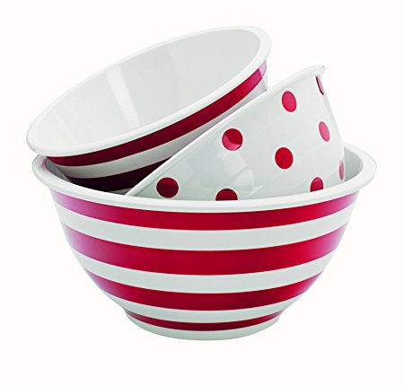 Anchor Hocking Melamine Food Prep and Mixing Bowls, Red Polka Dot and Striped, 3-Piece Set