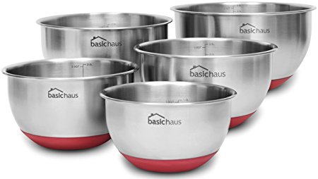 Basic Haus Non Slip Stainless Steel Mixing Bowls - Set of 5 - 1.5, 2, 3, 4 Quarts Plus a Large 5 Quart Bowl - Heavy Duty w/ Red Silicone Bottom - Brushed Finish - Etched Measurement Marks - Stackable