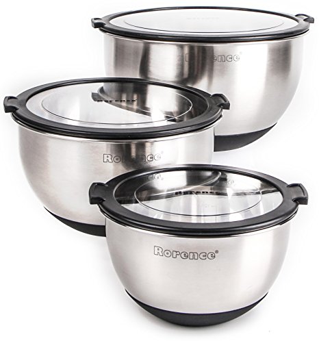 Rorence Stainless Steel Non-slip Mixing Bowls Set of 3 with Transparent Lids - Black