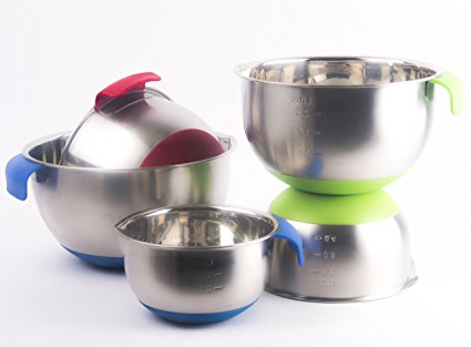 Stainless Steel Mixing Bowls by CiE. 5 Pcs mixing bowl set with colored Silicone Bottoms, Handle and pour Spout.