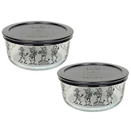 (2) Pyrex 7201 4 Cup Day of the Dead Mariachi Skeleton Glass Bowls & (2) 7201-PC Black Plastic Lids