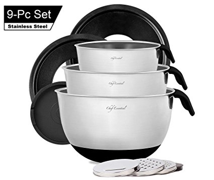 Stainless Steel Mixing Bowl Set of 3 with Non-Slip Silicon Handles, Non-Skid Bottom, Measurement Marks, Grater Attachments and Leak-Proof Lids, Black, By Chef Essential.