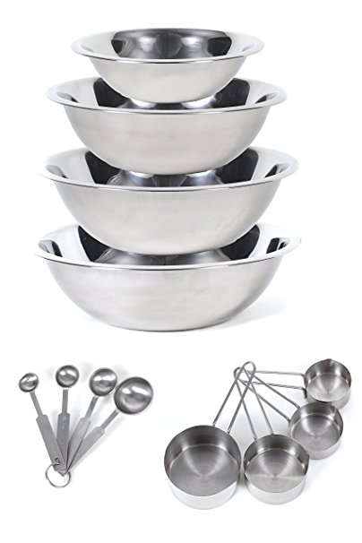 CucinaPrime Stainless Steel Mixing Set Mixing Bowls (1.5, 3, 4, and 5 Quart) Measuring Cups and Measuring Spoons