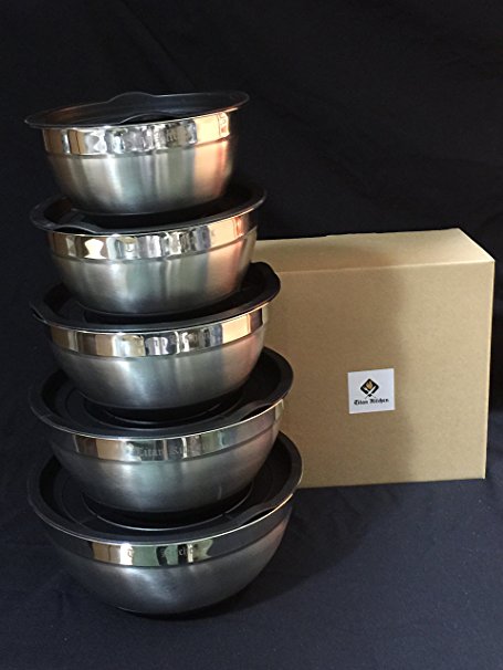 Set of 5 Stainless Steel Mixing Bowls with Non-Slip Silicon Bottom and Lid