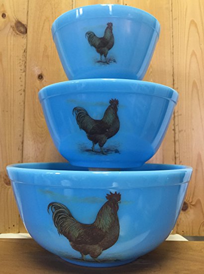 Mixing Nesting Bowls Set of 3 - American Made - Mosser USA - Robin Egg Blue Glass w/ Chickens New Hampshire Red Roosters