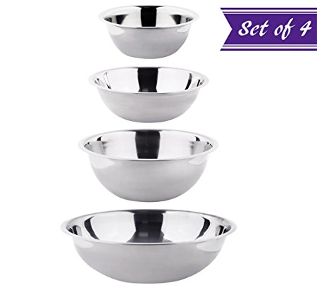 (Set of 4) Stainless Steel Mixing Bowl Set by Tezzorio, 3-5-8-13 Quart Polished Mirror Finish Nesting Flat Base Bowls, Commercial Mixing Bowls / Prep Bowls