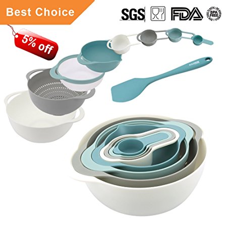 KALREDE Mixing Bowls Set Plastic 9 PCS including Silicone Spatula, Measuring Spoons, Colander, Sifter and Compact Nesting Mixing Bowl ( Food-Grade PP, Multi-Colour )