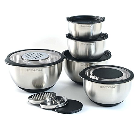 Rorence Stainless Steel Mixing Bowl Set of 5 with Graters & Transparent Lids - Black
