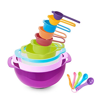 15 Piece Mixing Bowl Set with Handle, Nesting Colorful Measuring Cups Spoons Colander Mesh Strainer, BPA Free Plastic Stackable Nested Mixing Bowls Large Small Pour Spout Baking Cooking