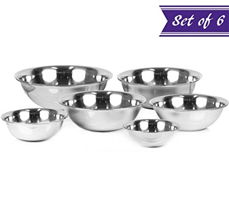 (Set of 6) Stainless Steel Mixing Bowls Set by Tezzorio, 3/4-1 1/2-3-4-5-8 Quart, Polished Mirror Finish Nesting Flat Base Bowls, Commercial Mixing Bowls / Prep Bowls