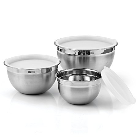 Cook N Home 3-Piece Stainless Steel Mixing Bowl Set with Lids, 1.5, 3, and 5 Quart