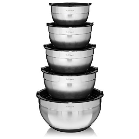 Premium Mixing Bowls with Lids - by Simply Gourmet. Stainless Steel Mixing Bowl Set Contains 5 Bowls with Airtight Lids, Non-Slip Bottoms, and a Flat Base for Stable Mixing. Bowls Nest for Storage …