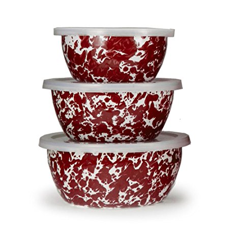 Enamelware - Red Swirl Pattern - Set of 3 Storage Bowls with Lids