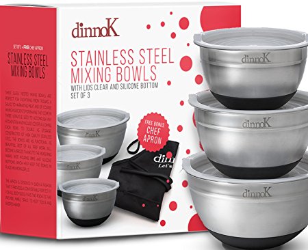 Stainless Steel Mixing Bowls With Lids - 3 Pcs Free Chef Apron | Premium Kitchen Bowl Set For Orderly Cooking | Non-Slip Silicone Bottom | Sizes Small (1/2 Qt) Medium (3 Qt) Large (4 Qt) | Black Base