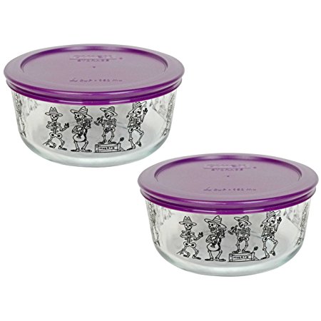 (2) Pyrex 7201 4 Cup Day of the Dead Mariachi Skeleton Glass Bowls & (2) 7201-PC Purple Plastic Lids