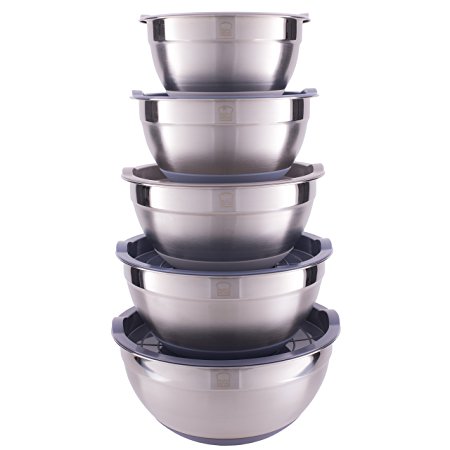 Set of 5 Nesting Stainless Steel Mixing Bowl Set with Non-Slip Silicone Bottom and Lids - Multicolor Durable and Dishwasher Safe