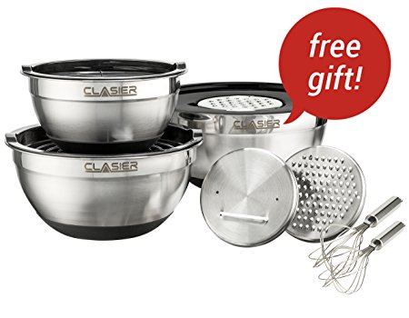 Clasier Mixing Bowls Set 3 Pieces (2, 3, 4.5, QT) With 2 Whisks & 3 Graters | Stainless Steel Bowls WithMeasurements, Sealing Lids & Non Slip Rubber Base| For Cooking, Storage, Camp, Salads, & More