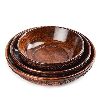 Handmade Wooden Set of 3 Serving Bowl with Intricate Carving/Kitchen and Dining Accessories/Handmade, Soup Bowls, Noodle Bowls, Wooden Snacks Bowl, 6 x 6 Inch