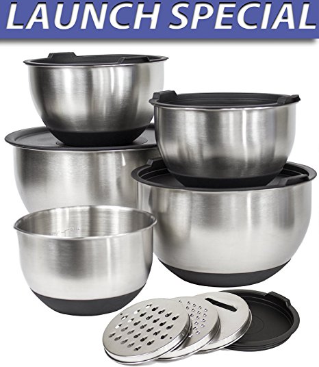 [Deluxe Set] 5 Premium Grade Stainless Steel Mixing Bowl Set with Lids and Non Skid Bottoms Stainless Steel Mixing Bowls with Pour Spout, Measurement Marks, and 3 Grater Attachments