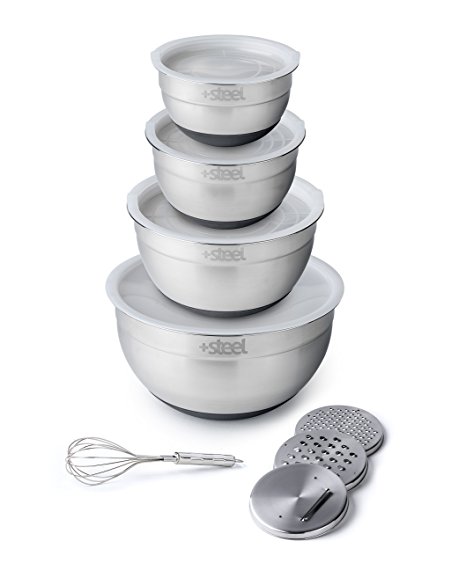 +Steel Non-Slip Mixing Bowl Set of 4 Stainless Steel Bowls with Lids and Grater/Slicer