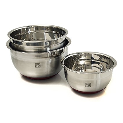 Bobby Flay 3 Piece Stainless Steel Mixing Bowl with Red Non-skid Base Set