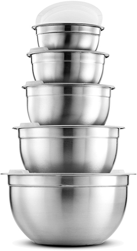 FineDine Premium Various Sizes Stainless Steel Mixing Bowl (5 Piece) With Airtight Lids, Flat Base For Stability & Easy Grip Whisking, Mixing, Beating, Bowls Nesting & Stackable for Convenient Storage
